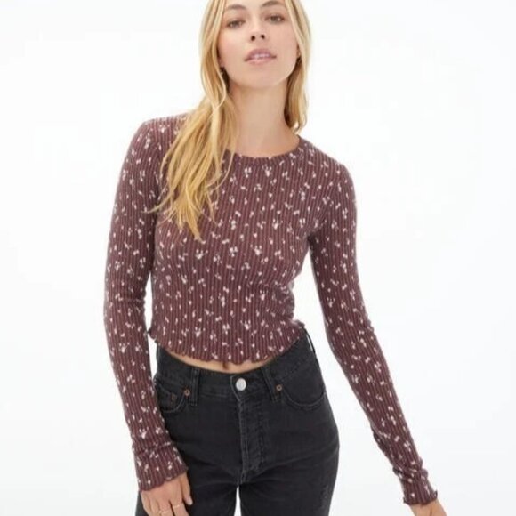 AERO Tops - Aero OG Shrunken Tee Brown Floral Waffle Long Sleeve Crop Top Women's Size M
